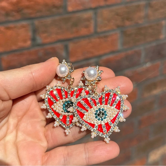 Anthropologie Red Evil Eye Protection Heart Crystal Earrings - Picture 12 of 12